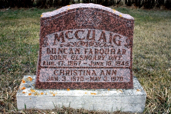 Photo of headstones/Duncan F McCuaig d 1946 & Christina Ann McGillivray d1970 hdstn Francis Cem, Sask